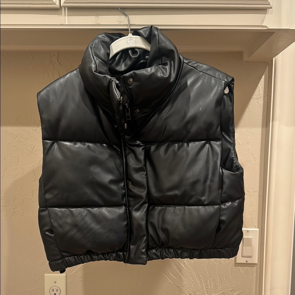 Black Puffer Leather-Look Cropped Vest